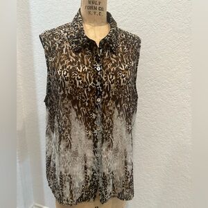Chico's Brown and White Leopard Animal Print Button Down Sheer Shirt